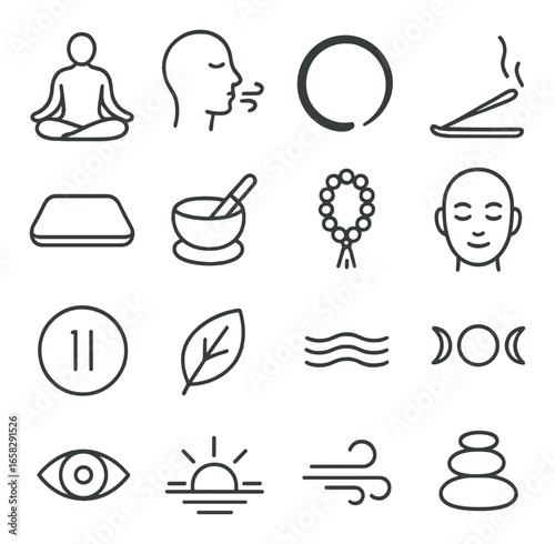 Linear wellness icon set featuring meditation, mindful breathing, incense, yoga mat, and relaxation symbols