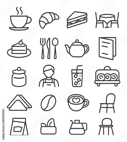 Silhouette cafe and dining icon set featuring coffee, croissant, cake, teapot, utensils, and table symbols