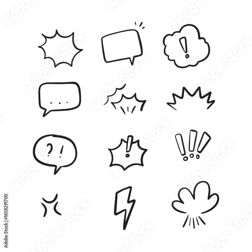 A collection of hand-drawn speech bubbles and comic-style graphic elements, including exclamation points, question marks, and bursts, representing communication and expression.