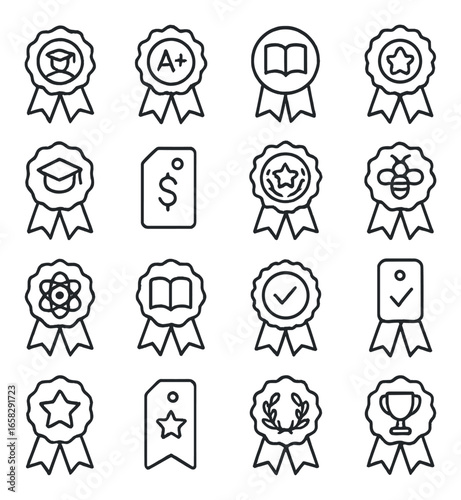 Linear education icon set featuring achievement, grade, book, award, price tag, checklist, and trophy symbols