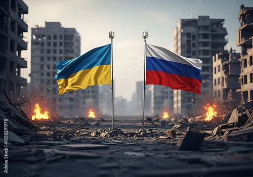 Ukrainian and russian flags stand tall amidst war torn city ruins