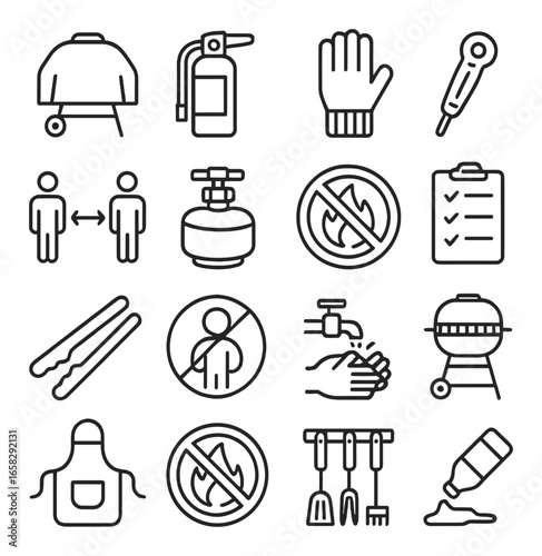 Linear safety icon set featuring fire, gloves, mask, sanitizer, grill, apron, and washing symbols