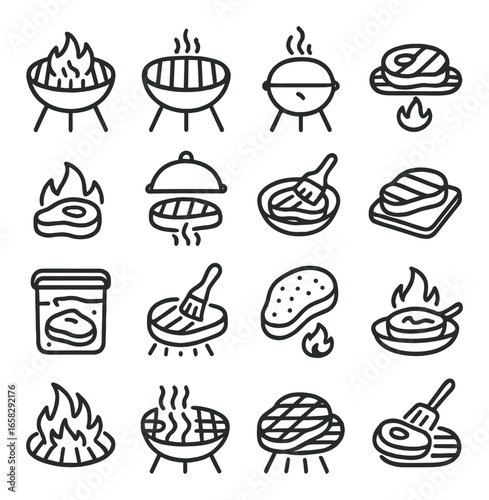 Linear bbq icons set featuring grill, steak, fire, and cooking symbols