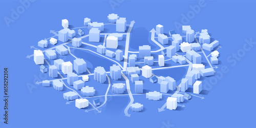 Isometric 3D City Model with Traffic Flow Arrows for Urban Planning and Logistics. Vector illustration