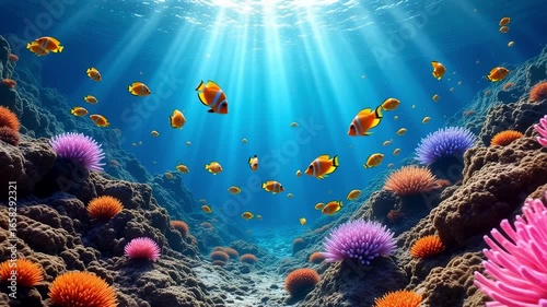 Underwater shot moving through glowing coral reefs with sunlight piercing through the surface, colorful fish swimming past the camera, ethereal atmosphere, hyper-realistic CG animation.