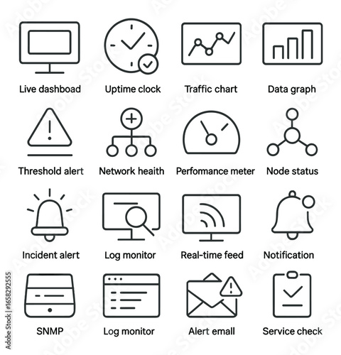 Linear network monitoring icon set featuring dashboard, clock, chart, graph, alert, health, meter, and status symbols