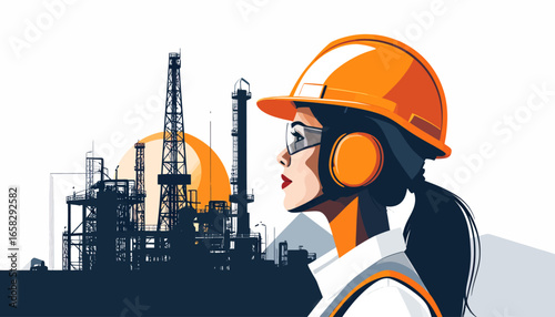 A woman in safety gear looks towards an industrial oil refinery with a rising sun behind it.