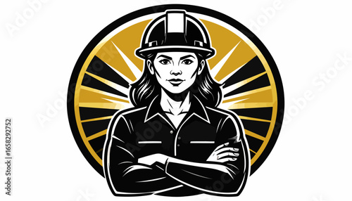 Confident woman engineer wearing hard hat with arms crossed, against a radiant sunburst background.