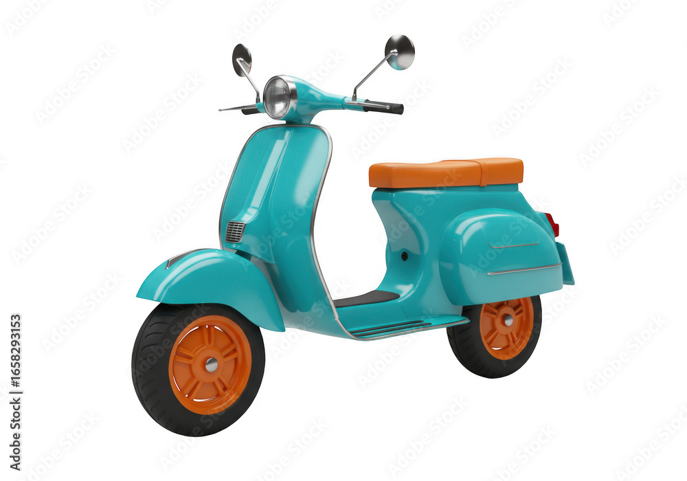Retro teal scooter with orange wheels isolated on transparent background Retro teal scooter with orange wheels isolated on transparent background