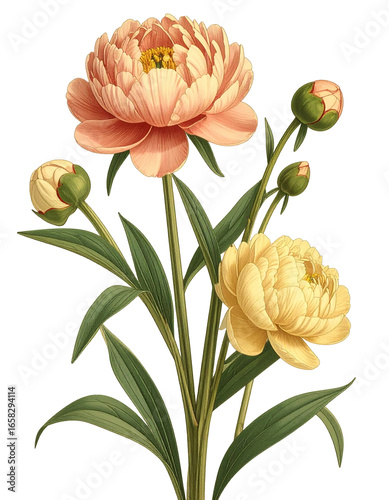 Vintage Colorful Peony Birth Flower Bouquet Illustration November Flower