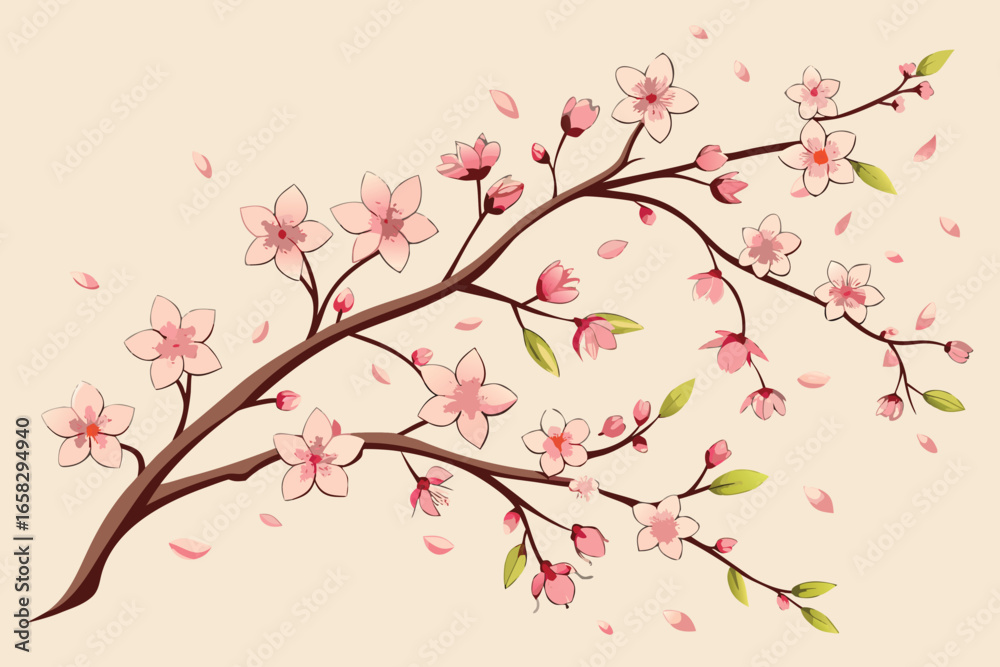 Fototapeta premium Artistic illustration of blooming cherry blossom branches with delicate pink petals and a soft beige background
