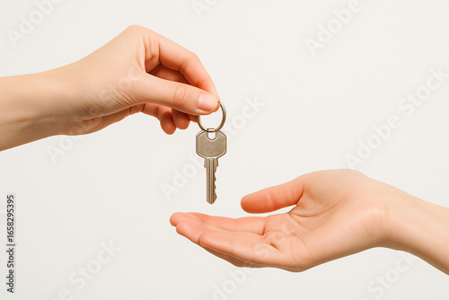 Close-up of two hands passing a silver house key on a ring over a clean white background. Bright soft light, minimal style, unbranded, large copy space.