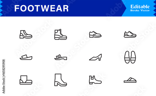 Footwear And Shoe Fashion Line Icon Set – Professional, Minimal, Editable, And Pixel Perfect Outline Symbols