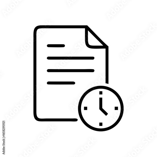 Clean vector line icon combining a document and a clock, symbolizing concepts of file history, time-sensitive tasks, and digital record keeping.