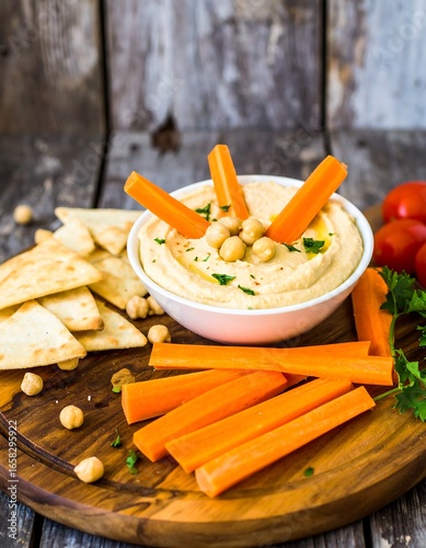 Creamy hummus with carrot sticks and pita chips