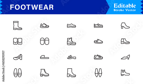 Footwear And Shoe Fashion Line Icon Set – Professional, Minimal, Editable, And Pixel Perfect Outline Symbols