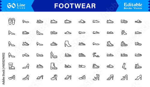 Footwear and Shoe Icon Set – Modern Outline, Minimal and Linear Style Sneakers, Boots, Sandals, High Heels, Casual Shoes, Fashion Icons for Branding and Design