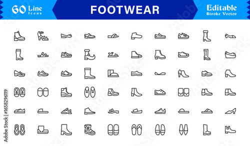 Footwear And Shoe Fashion Line Icon Set – Professional, Minimal, Editable, And Pixel Perfect Outline Symbols