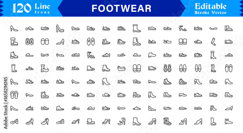Flat Footwear and Shoe Icon Set – Modern Sneakers, Sandals, Boots, Heels, Fashion Shoes and Sports Footwear Icons for Branding, Marketing, Web and UI Projects
