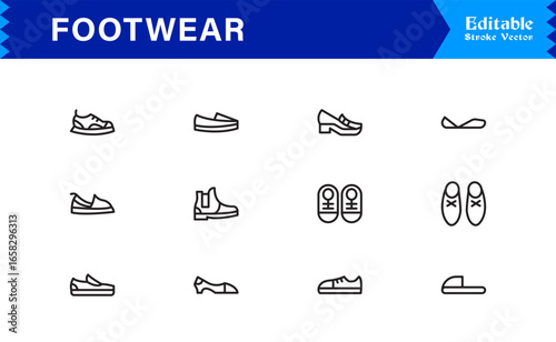 Footwear And Shoe Fashion Line Icon Set – Professional, Minimal, Editable, And Pixel Perfect Outline Symbols