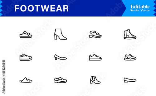 Footwear And Shoe Fashion Line Icon Set – Professional, Minimal, Editable, And Pixel Perfect Outline Symbols