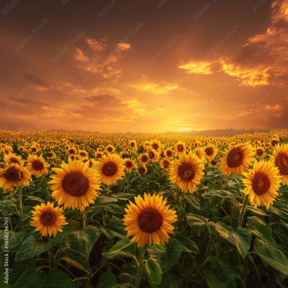 Obraz premium Sunflower field with golden sunset sky and bright yellow flowers creating summer landscape with warm light