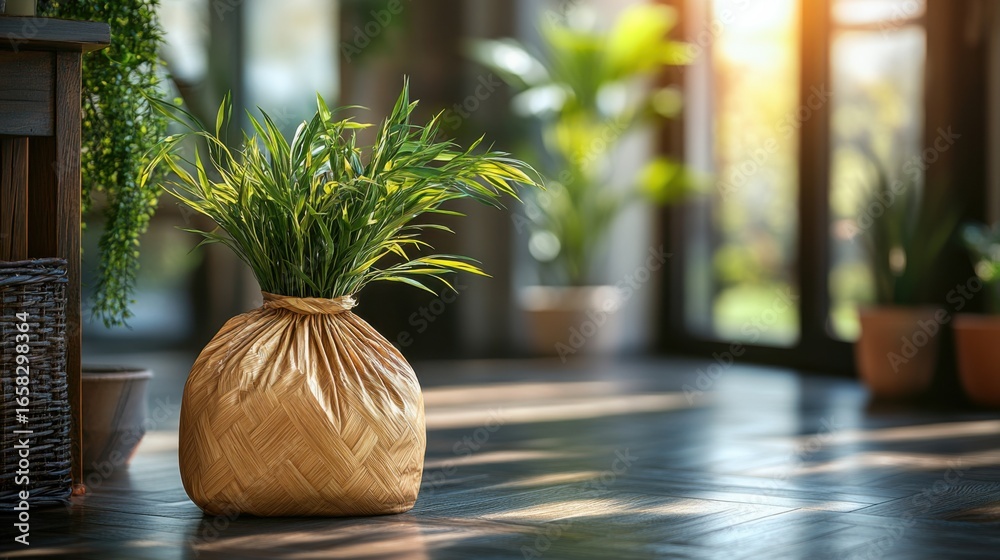 Fototapeta premium Potted Houseplant on Wood Floor with Natural Light