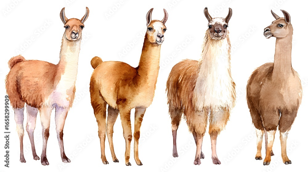 Fototapeta premium White llama or alpaca watercolor hand drawn illustration isolated on white background. Cute mammal animal painting for design, print, background or wall art.