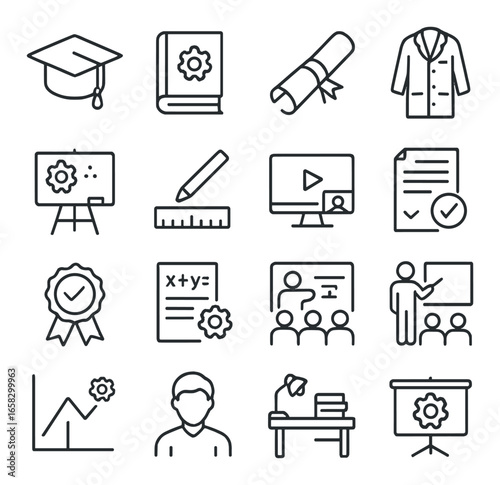 Linear education icon set featuring graduation cap, diploma, book, ruler, teacher, and classroom symbols