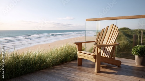Adirondack Chair on Deck with Coastal Ocean View at Golden Hour