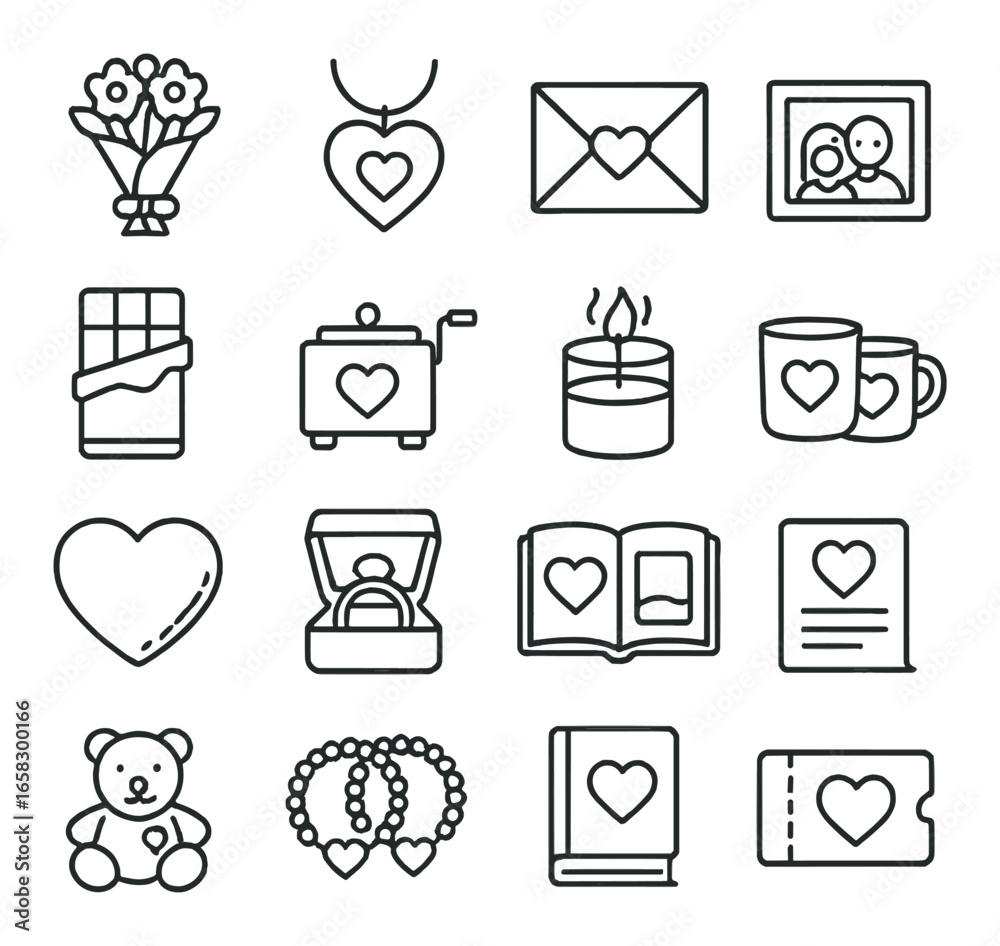 Linear valentine's day icon set featuring hearts, flowers, gifts, candles, and cards Linear valentine's day icon set featuring hearts, flowers, gifts, candles, and cards