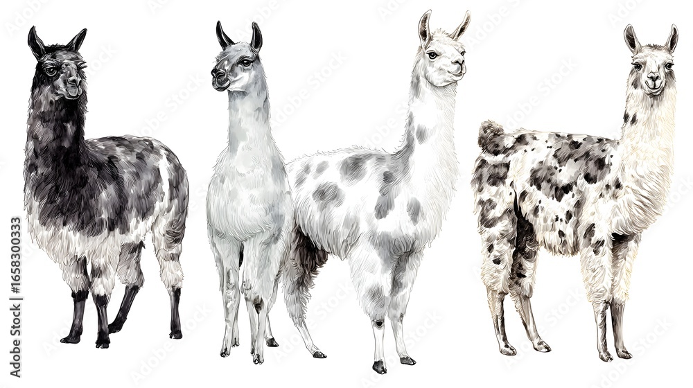 Naklejka premium White llama or alpaca watercolor hand drawn illustration isolated on white background. Cute mammal animal painting for design, print, background or wall art.