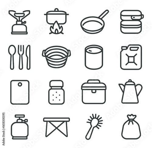 Linear camping icon set featuring stove, pan, utensils, bucket, can, container, and lantern symbols