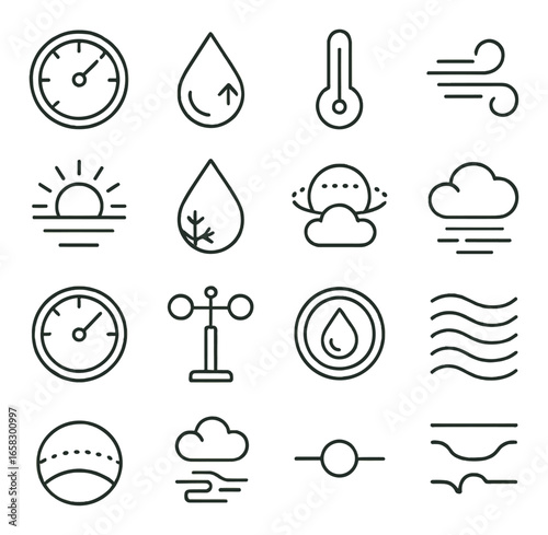 Linear weather icon set featuring speedometer, rain, temperature, wind, sun, cloud, and humidity symbols