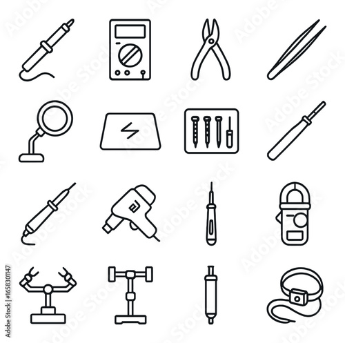 Linear electronics repair icon set featuring soldering iron, multimeter, pliers, tweezers, and drill symbols