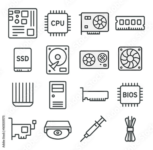 Linear computer hardware icon set featuring motherboard, cpu, gpu, ram, ssd, hdd, and fan symbols
