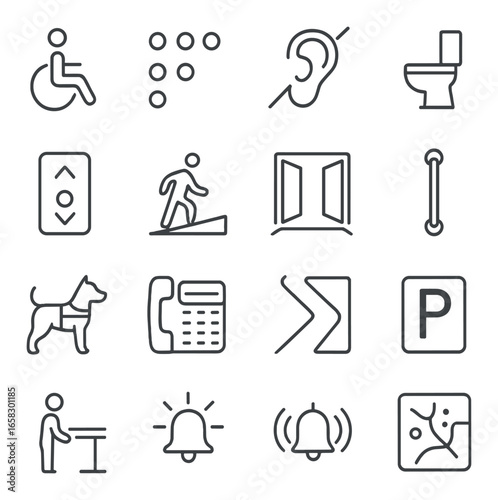 Linear accessibility icon set featuring wheelchair, braille, hearing, restroom, elevator, ramp, and guide dog symbols