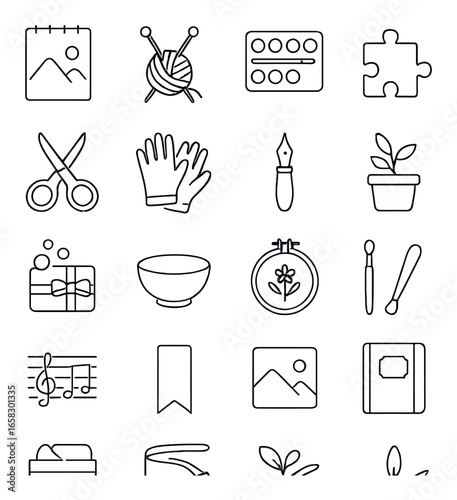 Linear crafts and hobbies icon set featuring knitting, painting, music, gardening, and puzzles