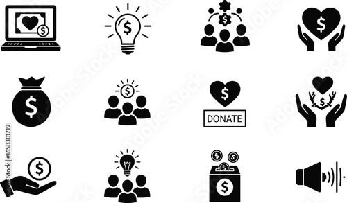 Charity and finance icons, donation symbols, fundraising, teamwork, money ideas, giving, vector set, community support, leadership, announcement