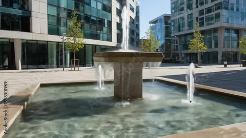Modern Urban Plaza with Central Fountain and Contemporary Architecture – Aerial Daytime View