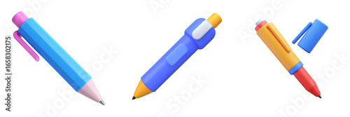 Colorful 3D Rendered Pens Set Against Transparent Background For Creative Design And Office Supplies