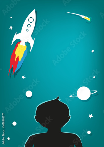 Boy looks on a wall with spaceship and galaxy. Dream Big and Learning concept