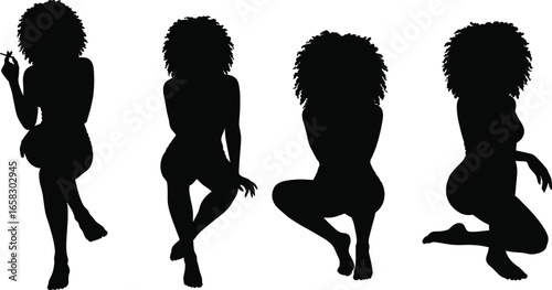 Curly hair woman silhouette poses, standing, sitting, squatting, kneeling, body language vector set, lifestyle illustration, expressive posture, fashion style