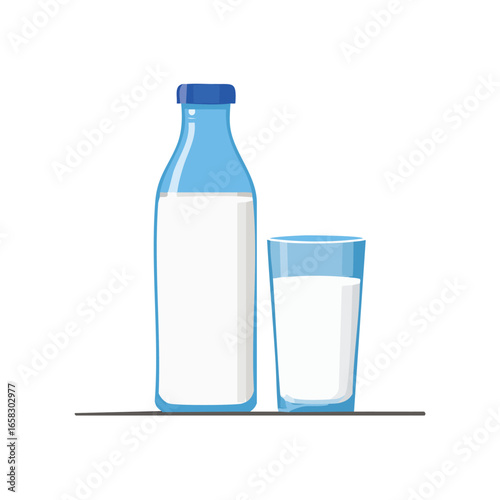 Milk Bottle with Blue Cap and Glass on White - AI Generated