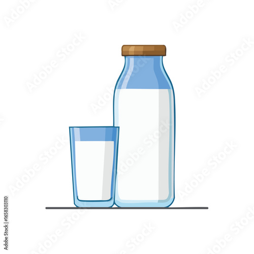 Glass and Milk Bottle with Wooden Cap, Minimal - AI Generated