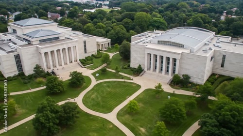 Aerial View of Classical University Campus with Symmetrical Architecture and Lush Green Landscape
