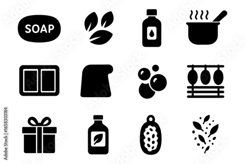 Essential soap and spa icons: minimalist set for personal care and relaxation