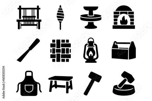 Vintage crafting and blacksmithing tools silhouette set