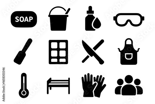 Silhouette icons of cleaning and kitchen tools for home hygiene and safety