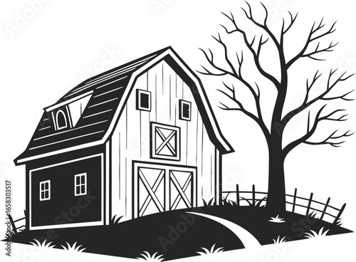 Silhouette illustration of a small crooked haunted barn with spooky bare tree and eerie countryside setting perfect for Halloween designs gothic horror artwork rustic farmhouse and scary themes